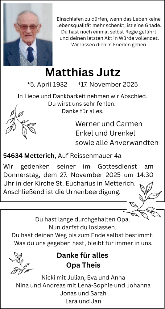 Traueranzeige von Matthias Jutz von trierischer_volksfreund