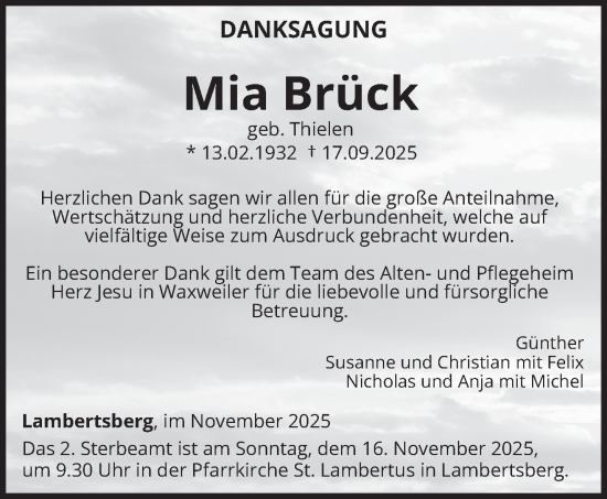 Traueranzeige von Mia Brück von trierischer_volksfreund