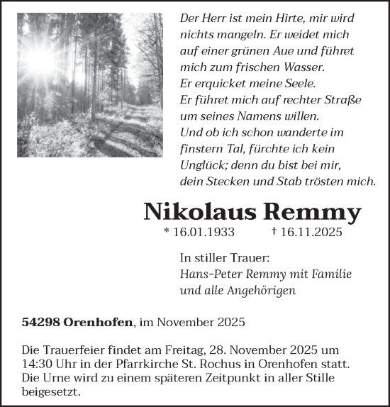 Traueranzeige von Nikolaus Remmy von trierischer_volksfreund