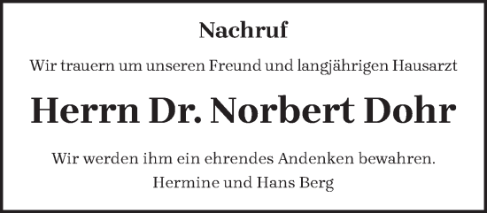 Traueranzeige von Norbert Dohr von trierischer_volksfreund