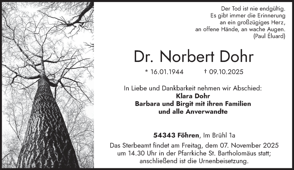  Traueranzeige für Norbert Dohr vom 31.10.2025 aus trierischer_volksfreund