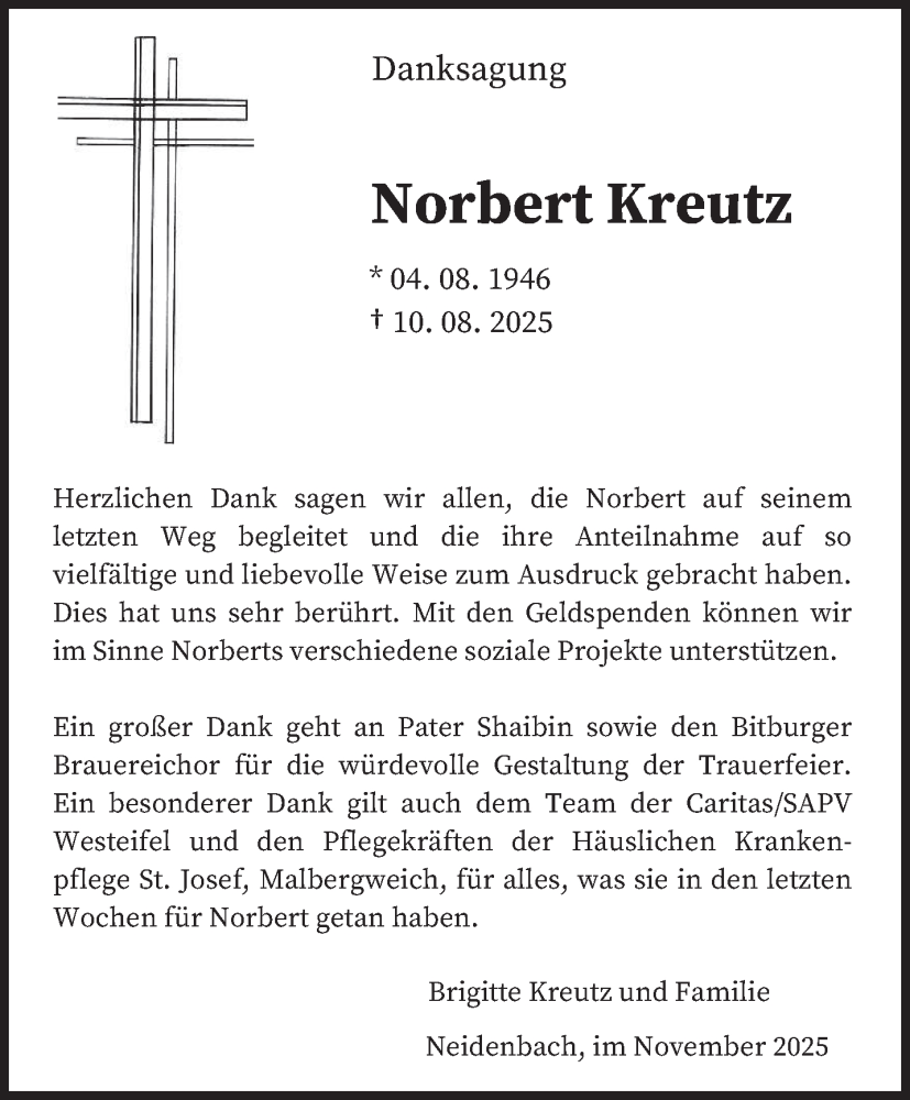  Traueranzeige für Norbert Kreutz vom 08.11.2025 aus trierischer_volksfreund