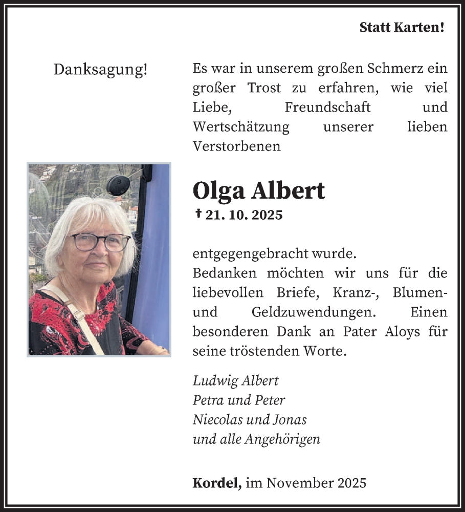  Traueranzeige für Olga Albert vom 22.11.2025 aus trierischer_volksfreund