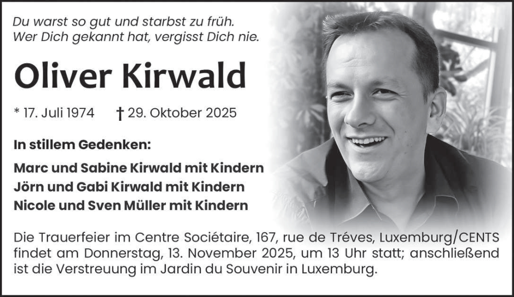  Traueranzeige für Oliver Kirwald vom 08.11.2025 aus trierischer_volksfreund