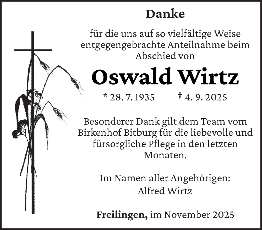  Traueranzeige für Oswald Wirtz vom 22.11.2025 aus trierischer_volksfreund