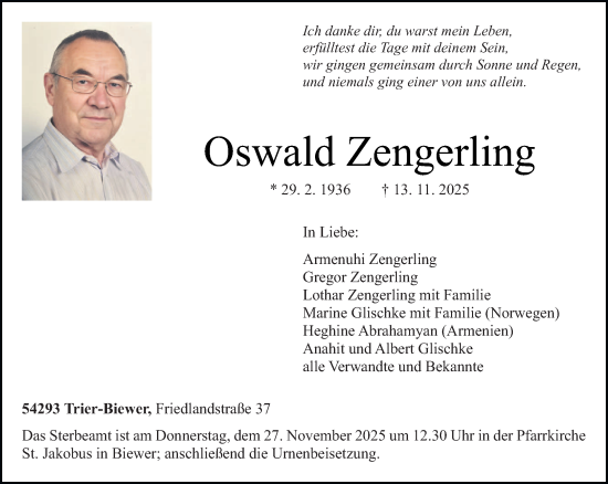 Traueranzeige von Oswald Zengerling von trierischer_volksfreund