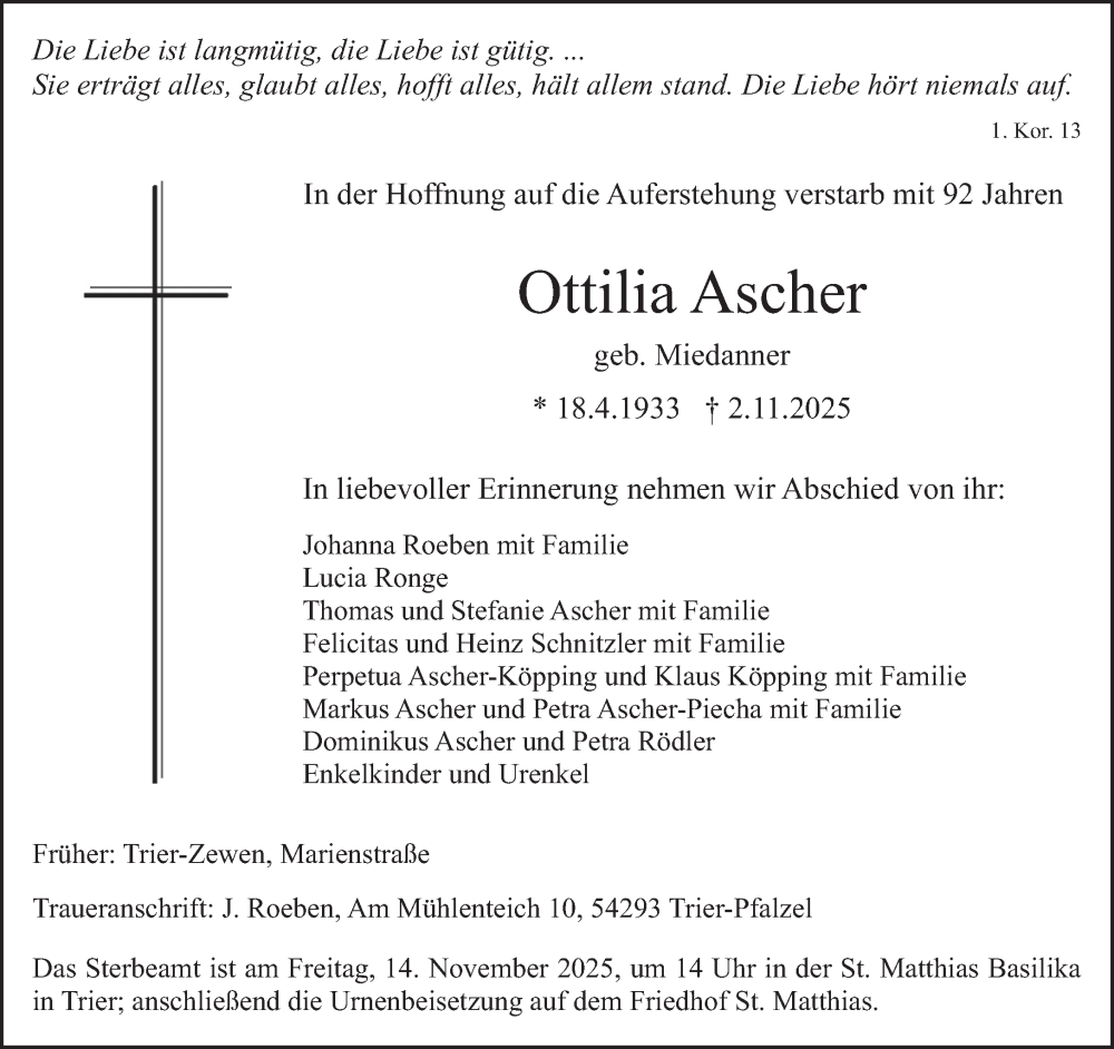  Traueranzeige für Ottilia Ascher vom 08.11.2025 aus trierischer_volksfreund