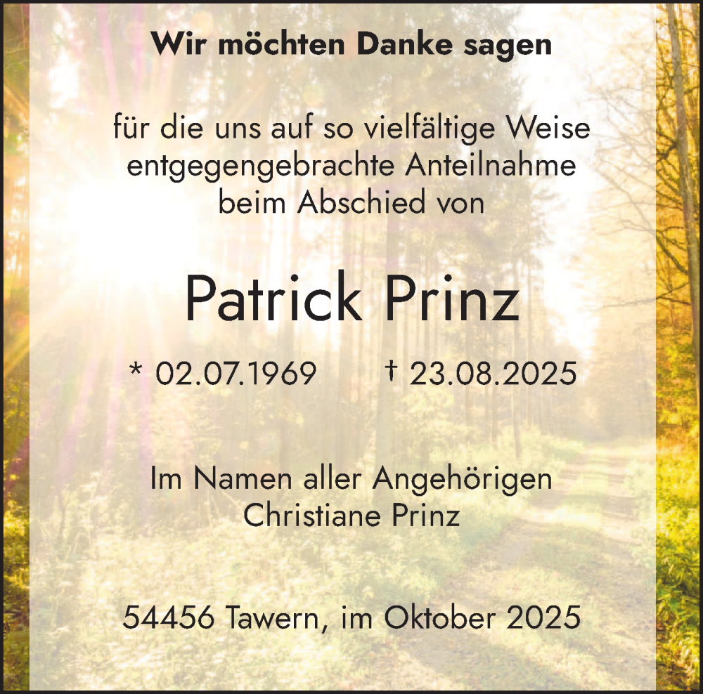  Traueranzeige für Patrick Prinz vom 31.10.2025 aus trierischer_volksfreund