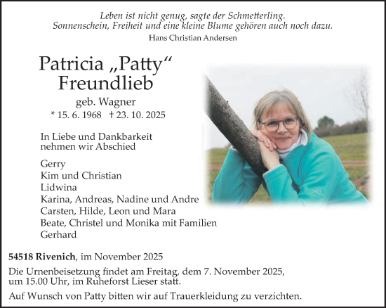Traueranzeige von Patty Freundlieb von trierischer_volksfreund
