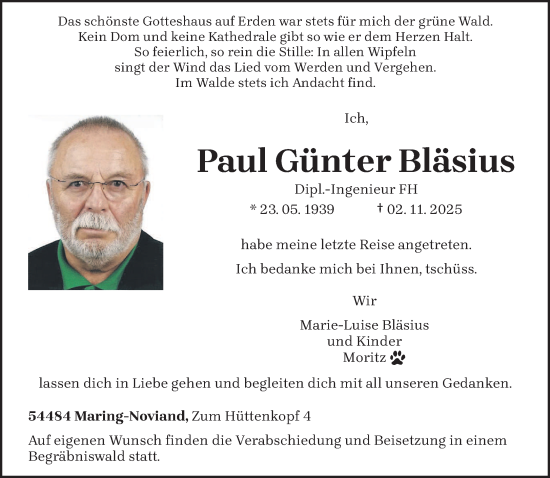 Traueranzeige von Paul Günter Bläsius von trierischer_volksfreund