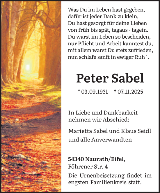Traueranzeige von Peter Sabel von trierischer_volksfreund