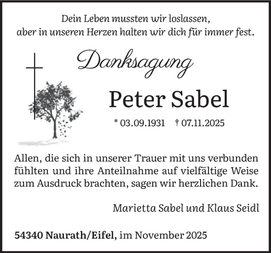 Traueranzeige von Peter Sabel von trierischer_volksfreund