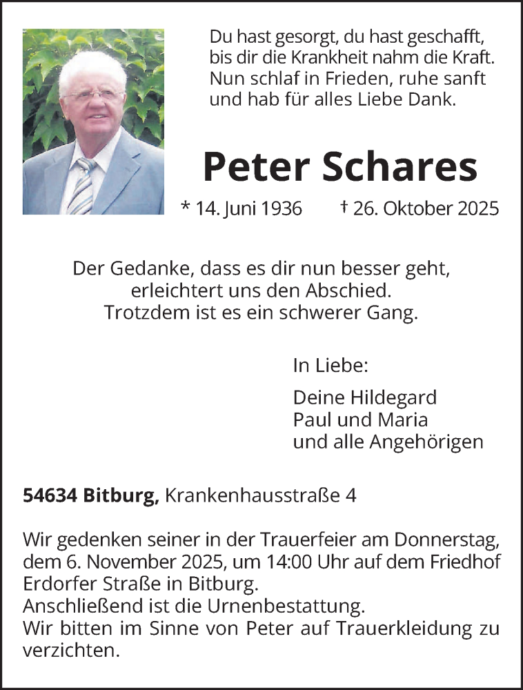  Traueranzeige für Peter Schares vom 31.10.2025 aus trierischer_volksfreund