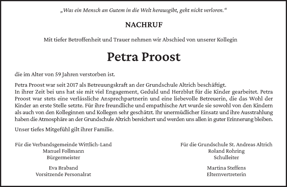  Traueranzeige für Petra Proost vom 08.11.2025 aus trierischer_volksfreund