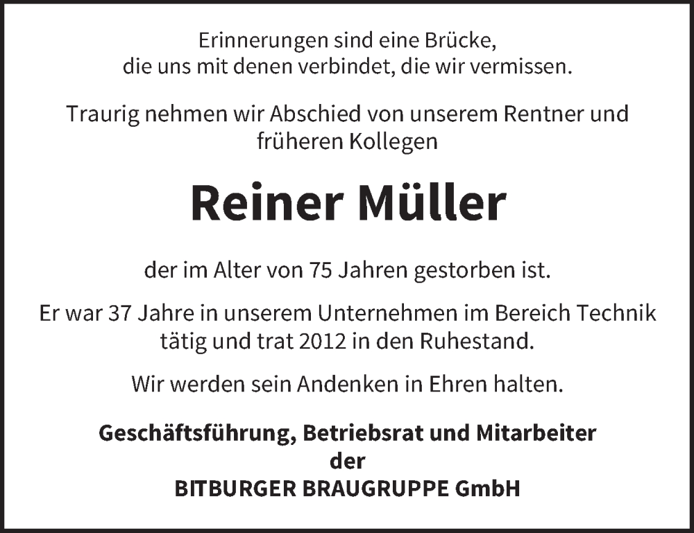  Traueranzeige für Reiner Müller vom 15.11.2025 aus trierischer_volksfreund