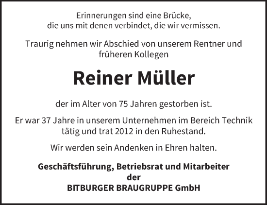Traueranzeige von Reiner Müller von trierischer_volksfreund