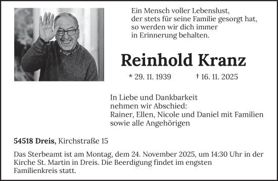 Traueranzeige von Reinhold Kranz von trierischer_volksfreund