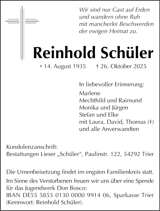 Traueranzeige von Reinhold Schüler von trierischer_volksfreund
