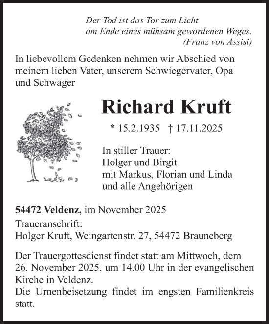 Traueranzeige von Richard Kruft von trierischer_volksfreund