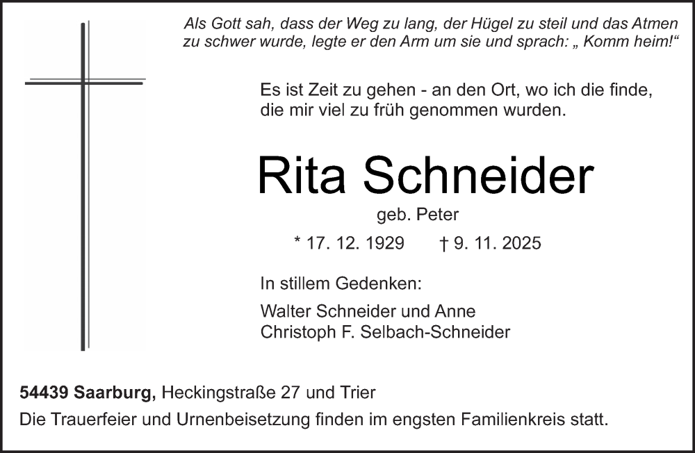  Traueranzeige für Rita Schneider vom 15.11.2025 aus trierischer_volksfreund