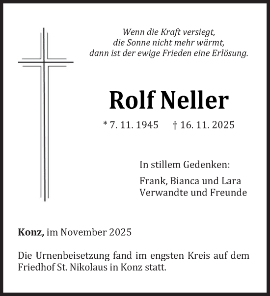 Traueranzeige von Rolf Neller von trierischer_volksfreund