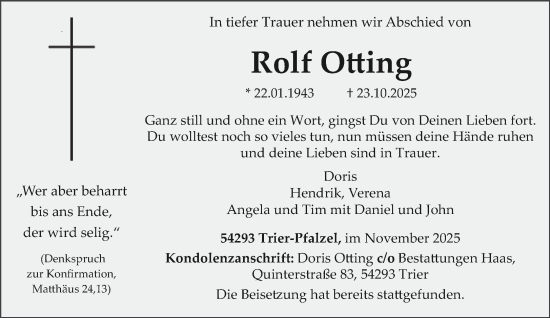 Traueranzeige von Rolf Otting von trierischer_volksfreund