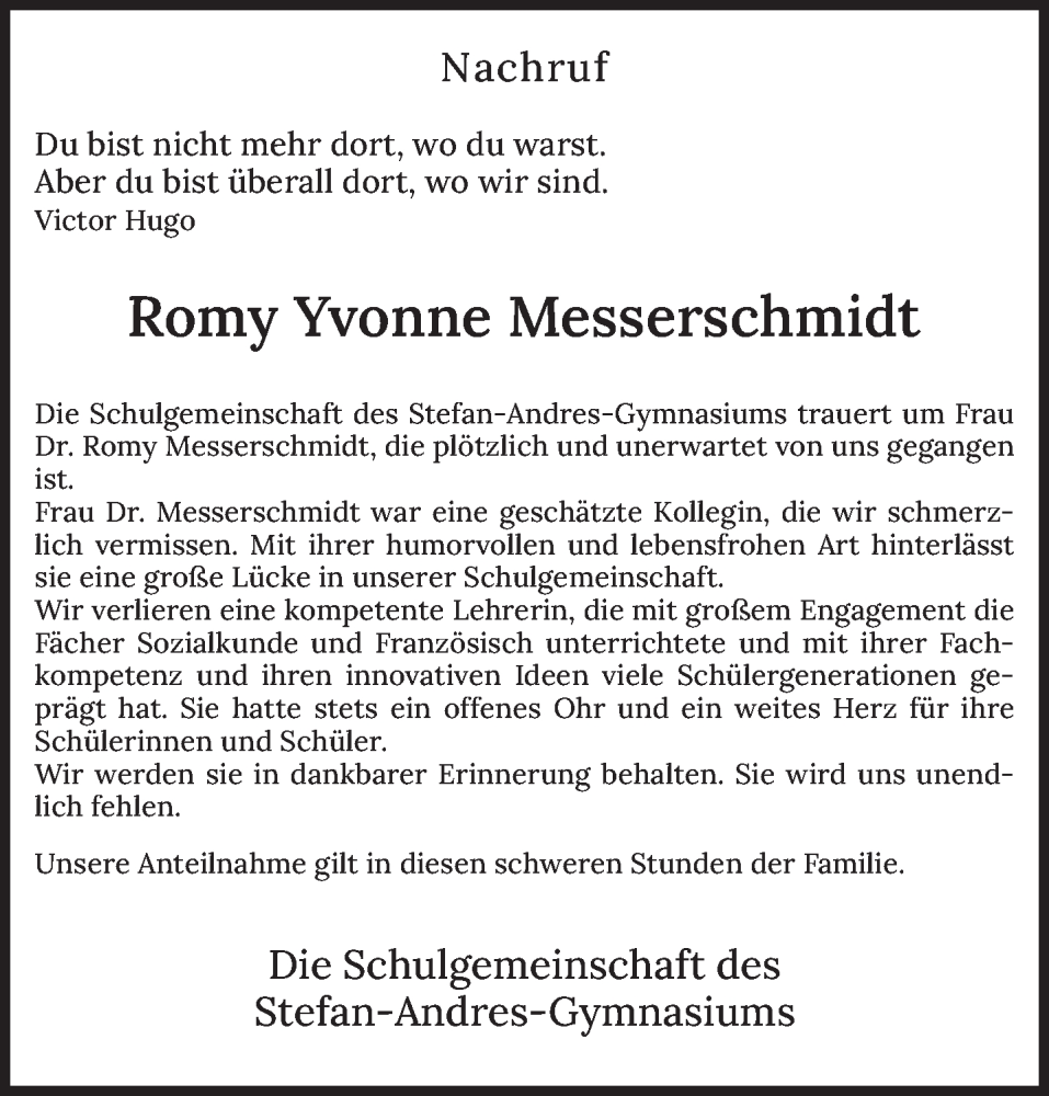  Traueranzeige für Romy Yvonne Messerschmidt vom 15.11.2025 aus trierischer_volksfreund