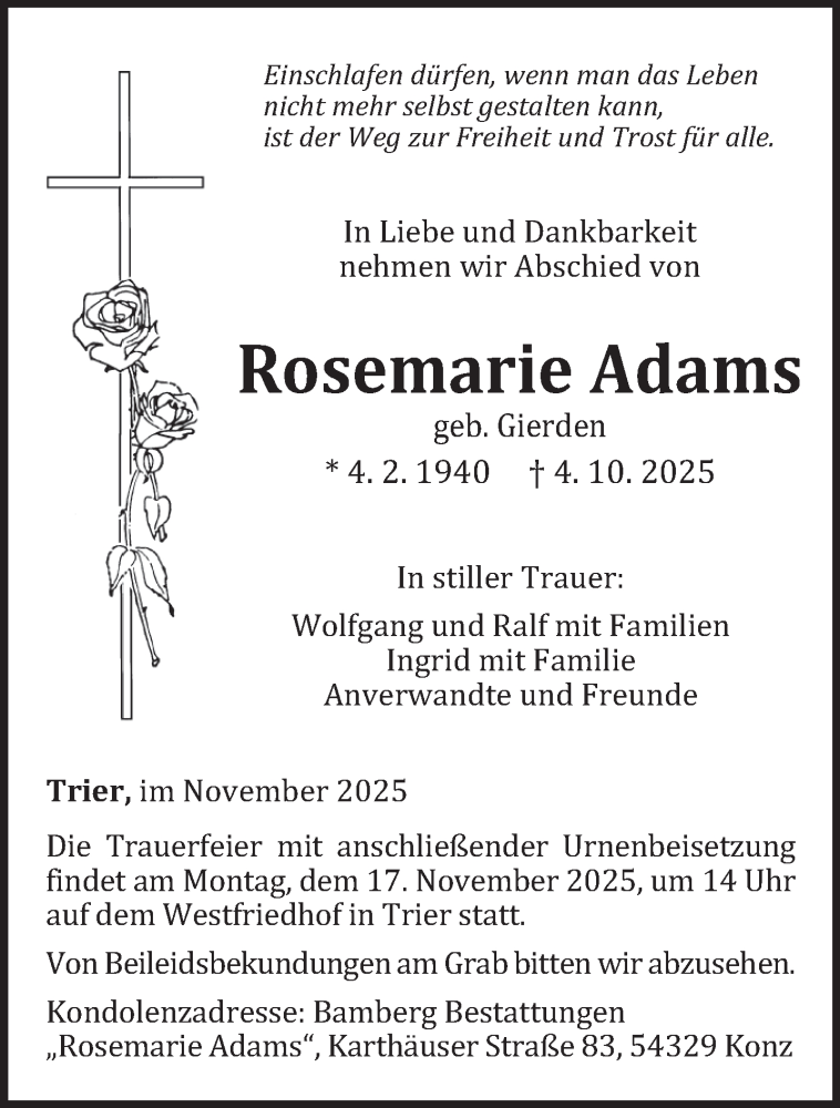  Traueranzeige für Rosemarie Adams vom 08.11.2025 aus trierischer_volksfreund