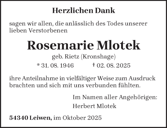 Traueranzeige von Rosemarie Mlotek von trierischer_volksfreund