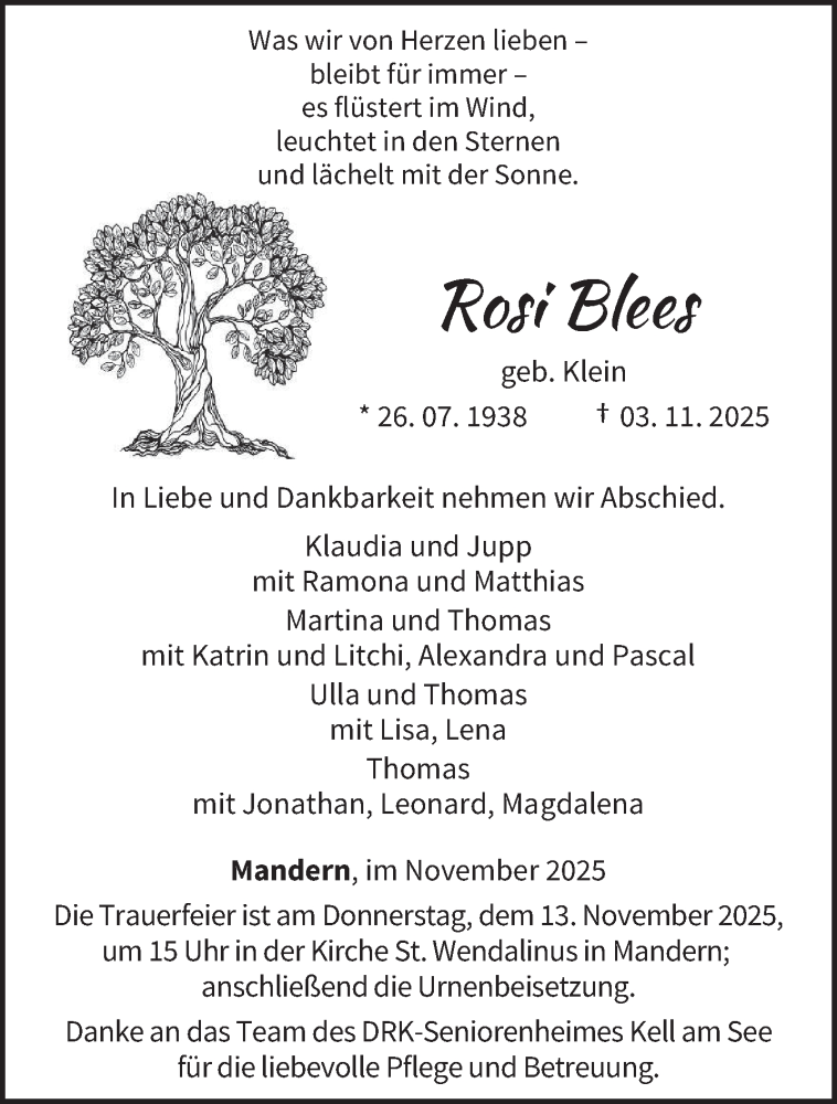  Traueranzeige für Rosi Blees vom 08.11.2025 aus trierischer_volksfreund