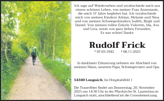 Traueranzeige von Rudolf Frick von trierischer_volksfreund