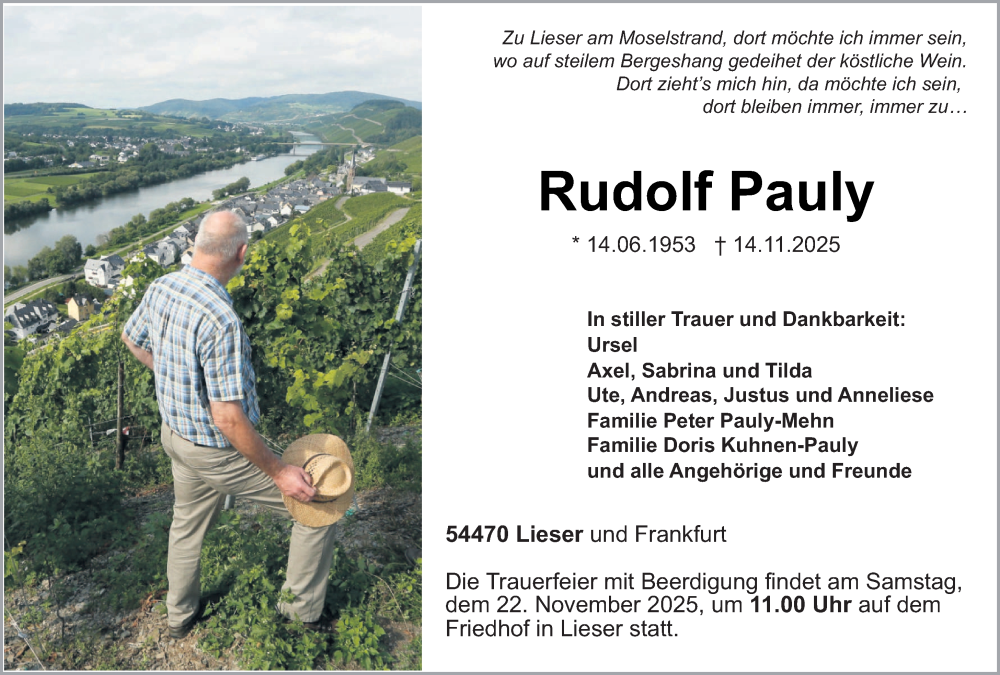  Traueranzeige für Rudolf Pauly vom 19.11.2025 aus trierischer_volksfreund