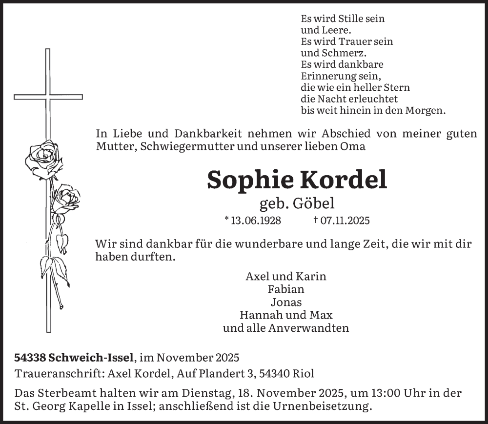  Traueranzeige für Sophie Kordel vom 15.11.2025 aus trierischer_volksfreund