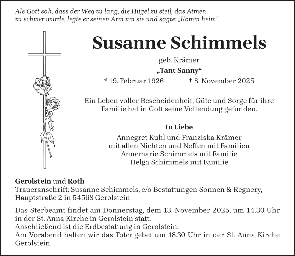  Traueranzeige für Susanne Schimmels vom 11.11.2025 aus trierischer_volksfreund