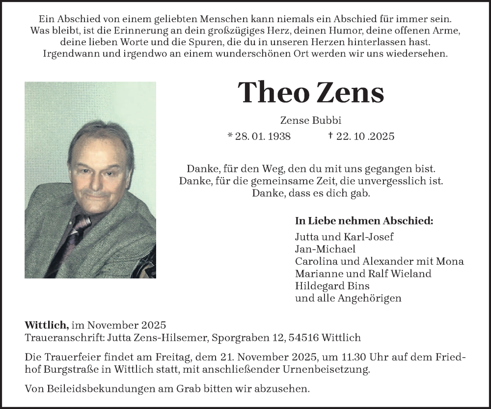  Traueranzeige für Theo Zens vom 15.11.2025 aus trierischer_volksfreund