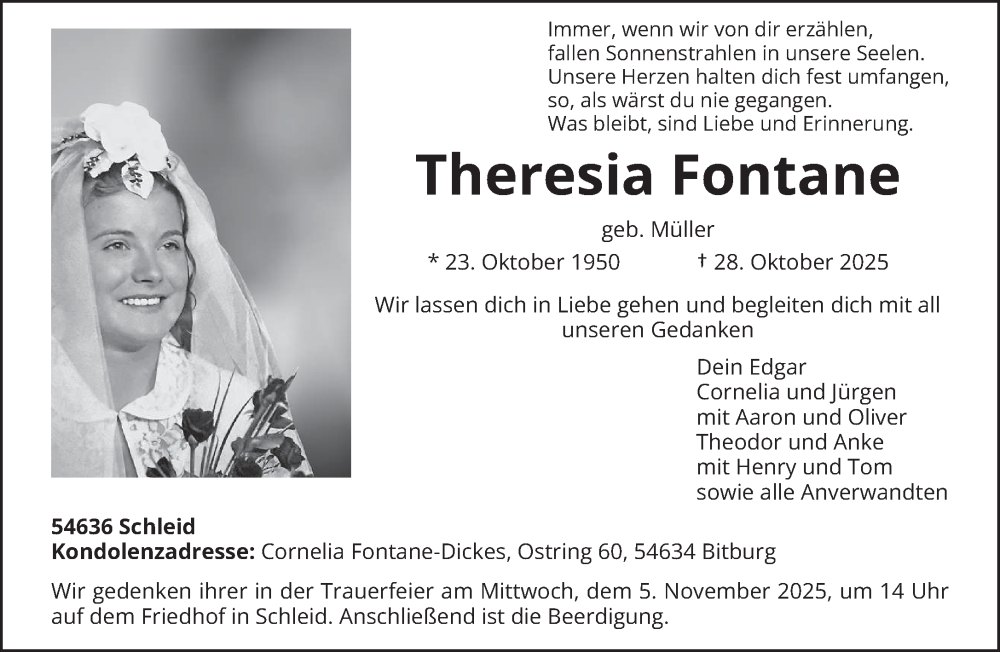  Traueranzeige für Theresia Fontane vom 31.10.2025 aus trierischer_volksfreund
