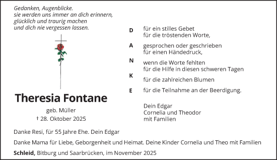 Traueranzeige von Theresia Fontane von trierischer_volksfreund