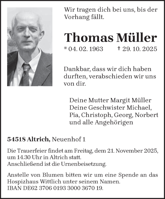Traueranzeige von Thomas Müller von trierischer_volksfreund