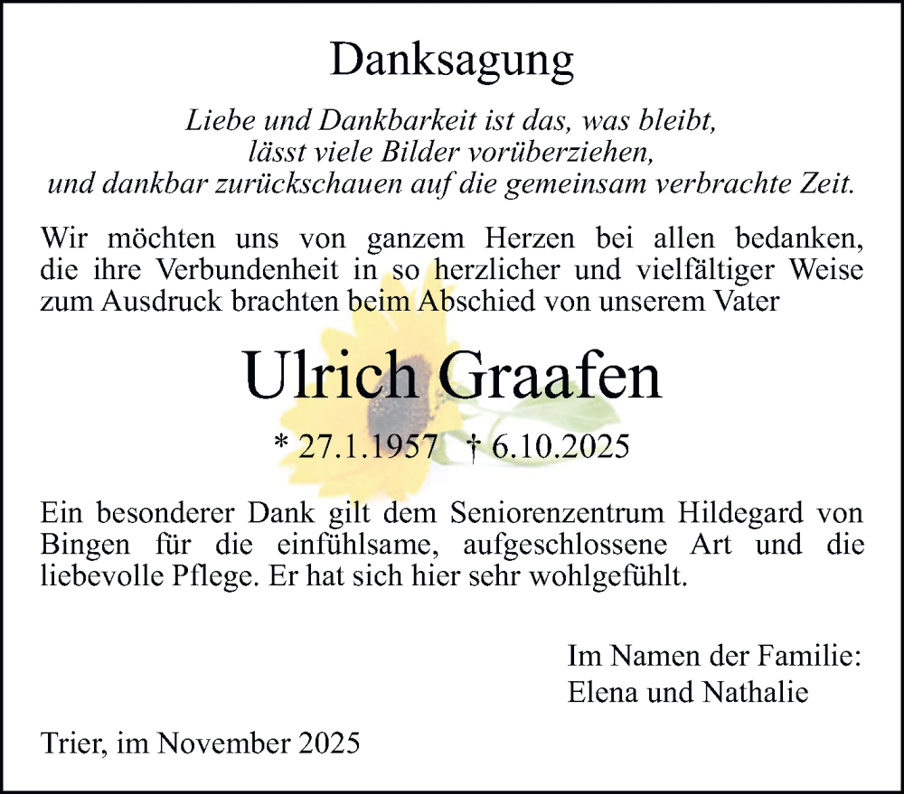  Traueranzeige für Ulrich Graafen vom 22.11.2025 aus trierischer_volksfreund