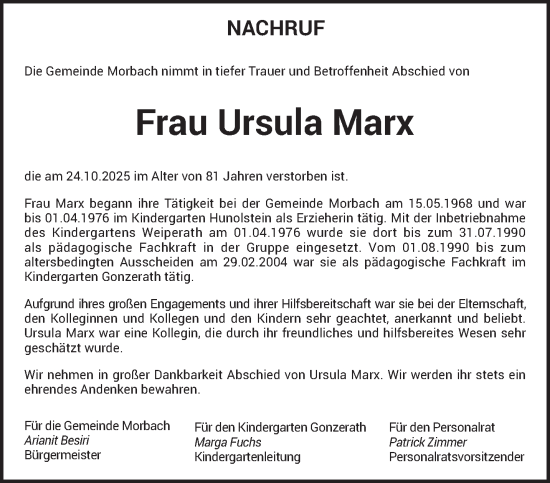 Traueranzeige von Ursula Marx von trierischer_volksfreund