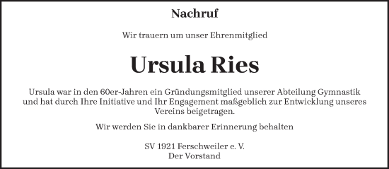 Traueranzeige von Ursula Ries von trierischer_volksfreund