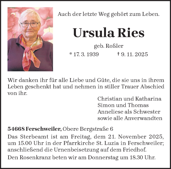 Traueranzeige von Ursula Ries von trierischer_volksfreund