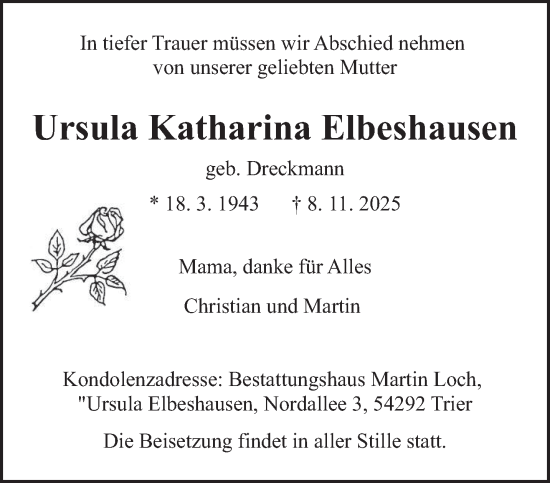 Traueranzeige von Ursula Katharina Elbeshausen von trierischer_volksfreund