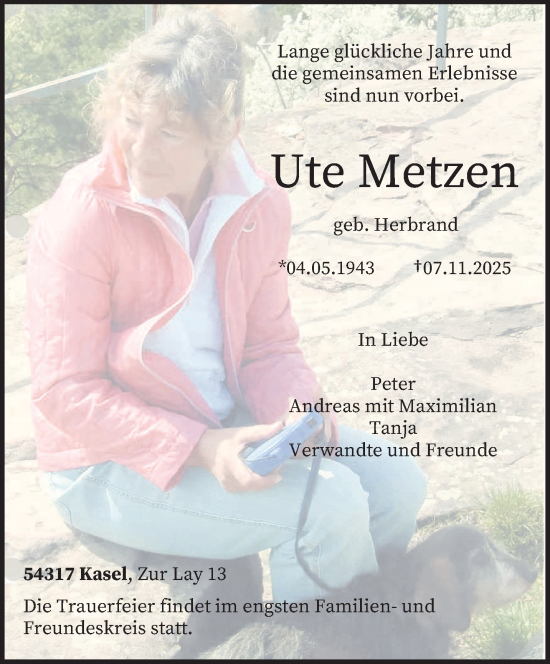 Traueranzeige von Ute Metzen von trierischer_volksfreund
