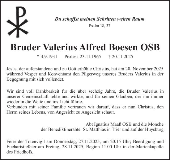 Traueranzeige von Valerius Alfred Boesen von trierischer_volksfreund
