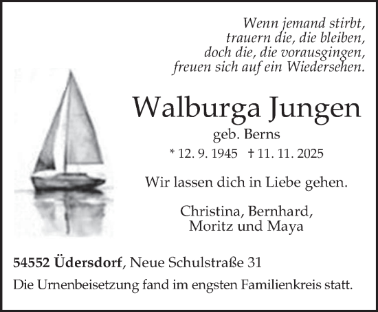 Traueranzeige von Walburga Jungen von trierischer_volksfreund