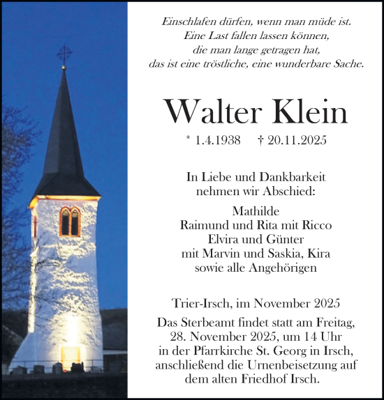 Traueranzeige von Walter Klein von trierischer_volksfreund