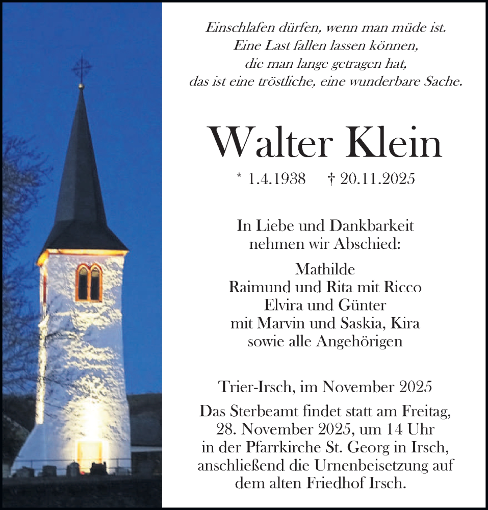  Traueranzeige für Walter Klein vom 26.11.2025 aus trierischer_volksfreund