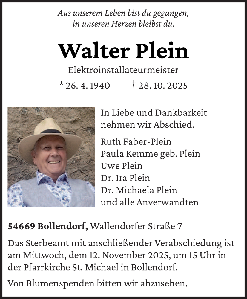  Traueranzeige für Walter Plein vom 05.11.2025 aus trierischer_volksfreund