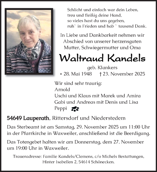 Traueranzeige von Waltraud Kandels von trierischer_volksfreund